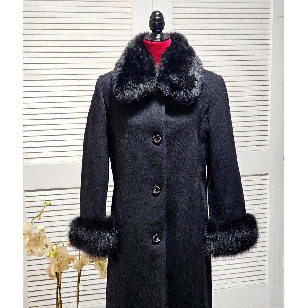 Forecaster Of Boston Women's Black Lambswool Long Coat With Fur Trim Size 6 235 - Picture 10 of 16